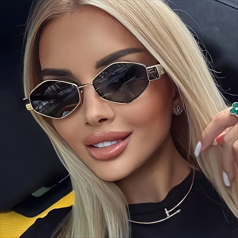 1 Pair Retro Metal Polygon Fashion Glasses Protection Oval Shape Unisex Fashion Glasses with Metallic Golden Frame & Dark Tinted Lenses for Daily Wear, Parties, Street Style - Includes Case & Cloth, Eyeglass Case